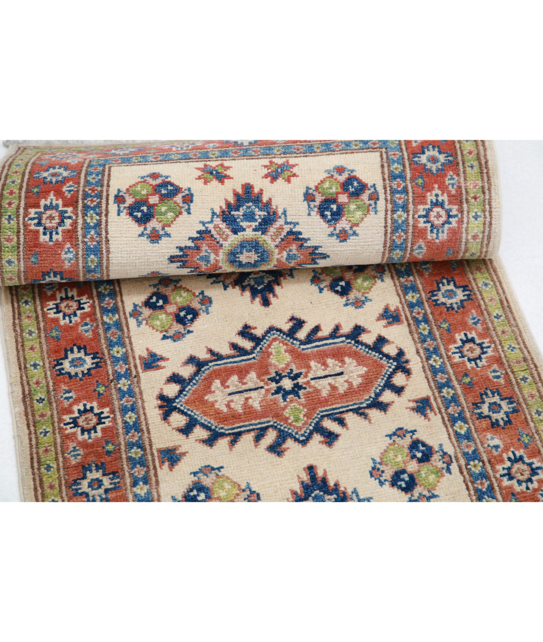 Kazak 2'0'' X 5'11'' Hand-Knotted Wool Rug 2'0'' x 5'11'' (60 X 178) / Ivory / Red