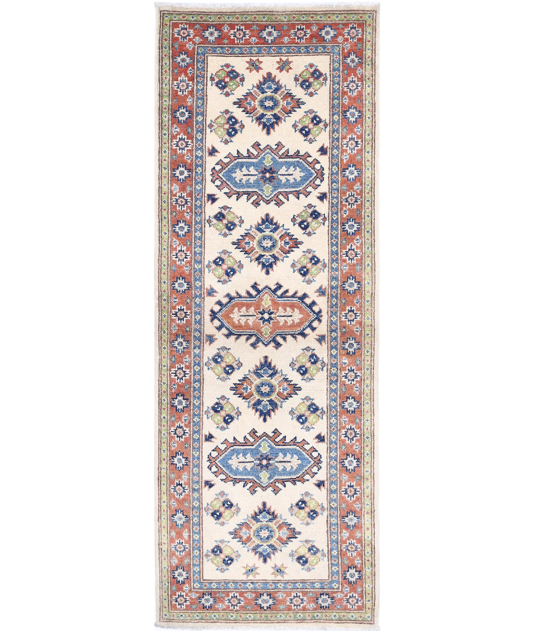 Kazak 2'0'' X 5'11'' Hand-Knotted Wool Rug 2'0'' x 5'11'' (60 X 178) / Ivory / Red