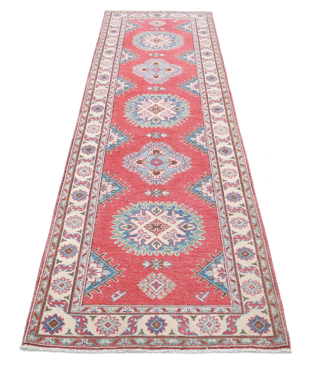 Kazak 2'7'' X 9'7'' Hand-Knotted Wool Rug 2'7'' x 9'7'' (78 X 288) / Red / Ivory