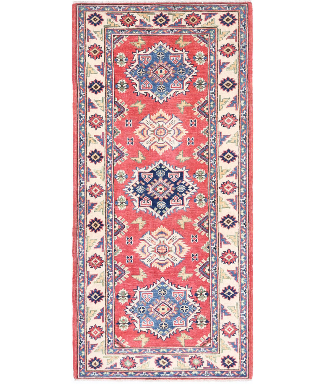 Kazak 2'9'' X 6'1'' Hand-Knotted Wool Rug 2'9'' x 6'1'' (83 X 183) / Red / Ivory