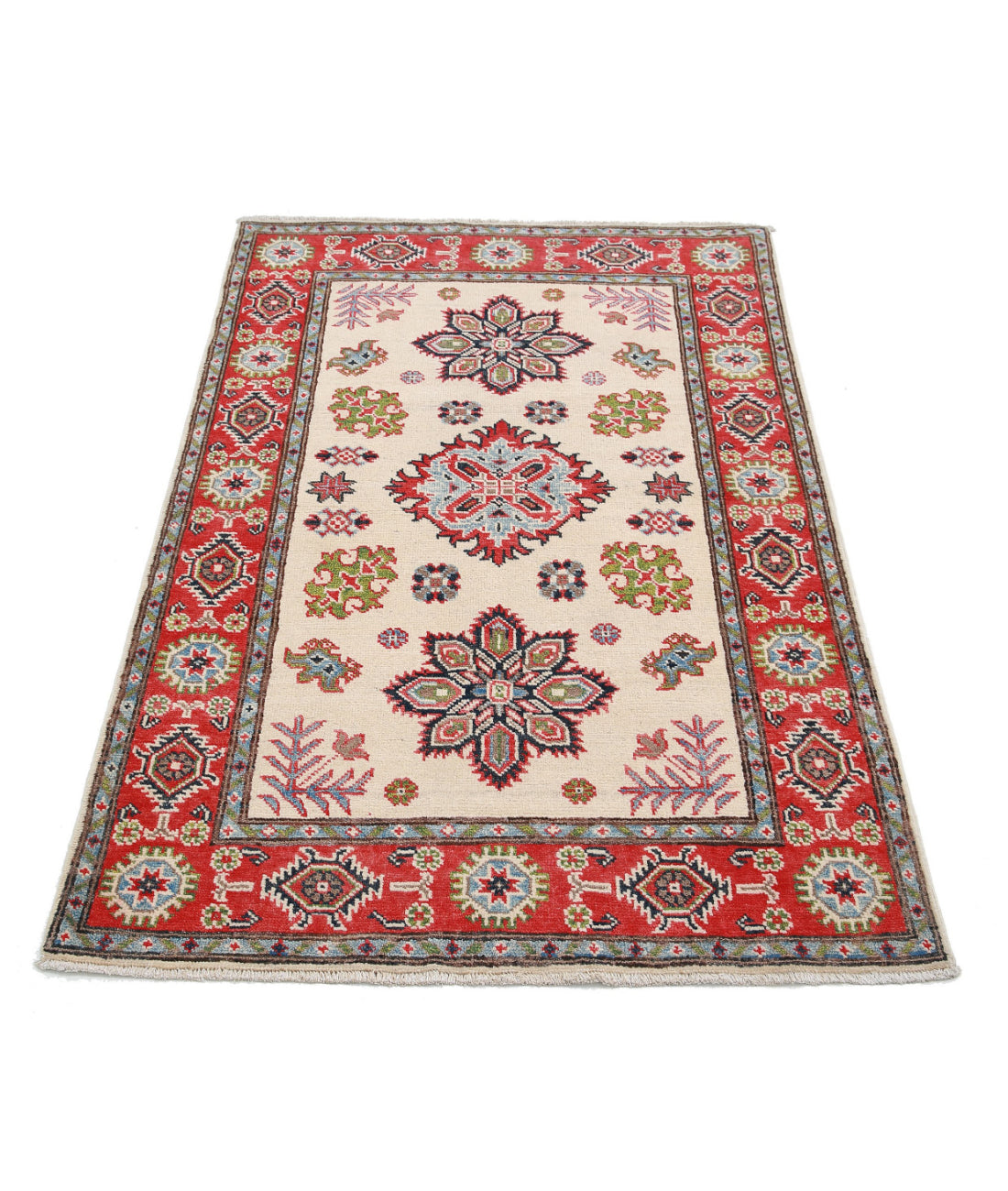 Kazak 3'3'' X 5'1'' Hand-Knotted Wool Rug 3'3'' x 5'1'' (98 X 153) / Ivory / Red