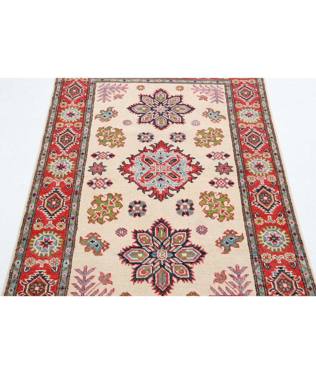 Kazak 3'3'' X 5'1'' Hand-Knotted Wool Rug 3'3'' x 5'1'' (98 X 153) / Ivory / Red