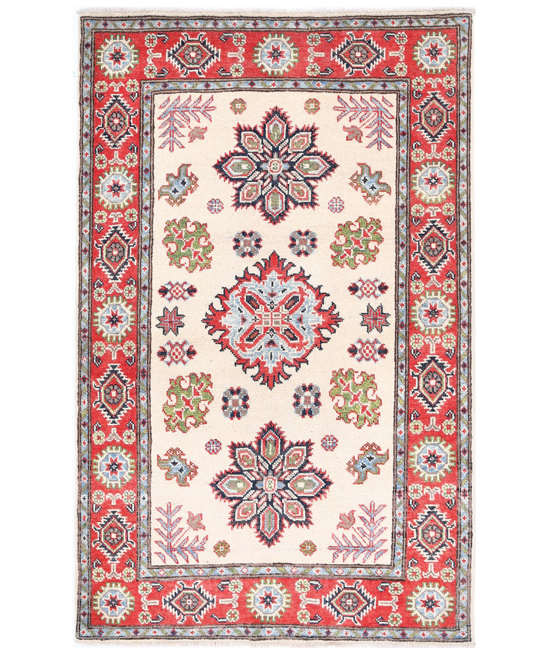 Kazak 3'3'' X 5'1'' Hand-Knotted Wool Rug 3'3'' x 5'1'' (98 X 153) / Ivory / Red