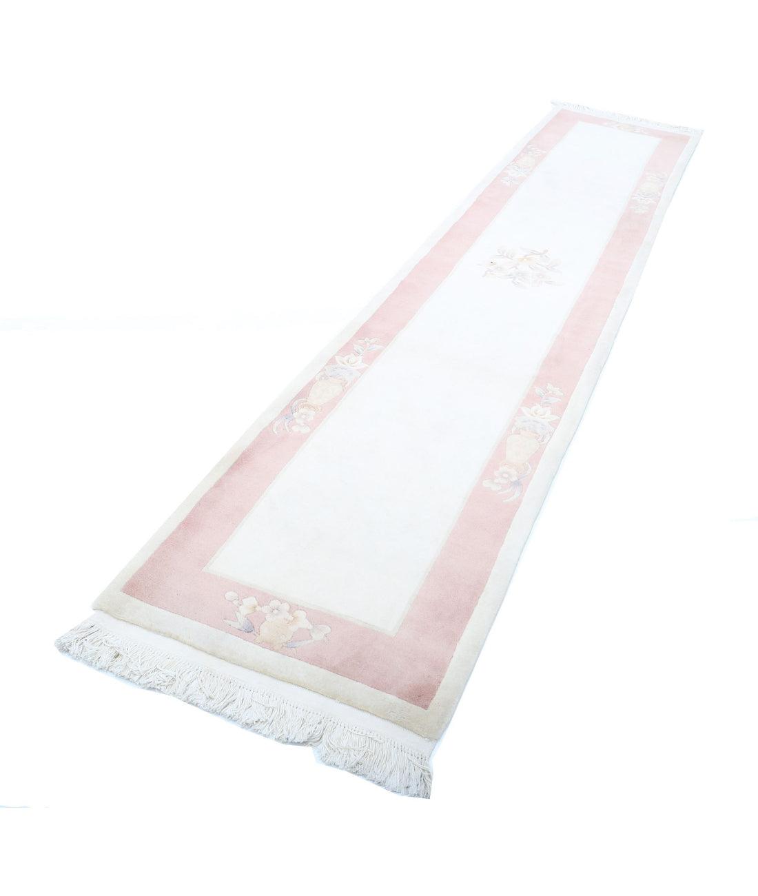 Chinese 2'6'' X 11'11'' Hand-Knotted Wool Rug 2'6'' x 11'11'' (75 X 358) / Ivory / Pink