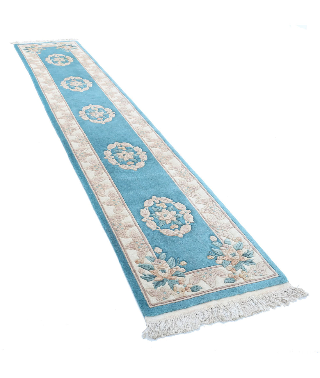 Chinese 2'3'' X 11'11'' Hand-Knotted Wool Rug 2'3'' x 11'11'' (68 X 358) / Blue / Ivory