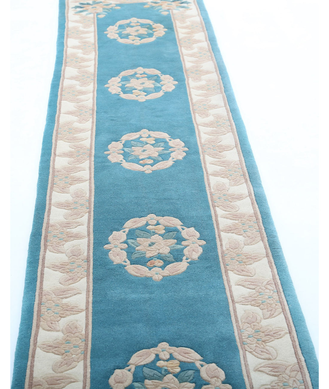 Chinese 2'3'' X 11'11'' Hand-Knotted Wool Rug 2'3'' x 11'11'' (68 X 358) / Blue / Ivory