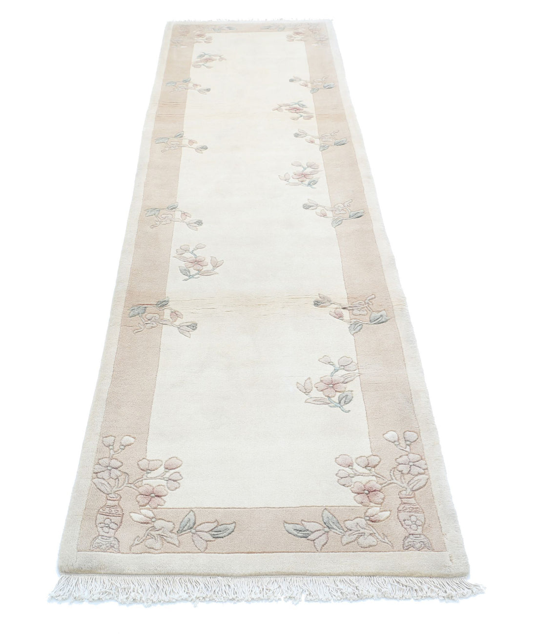 Chinese 2'6'' X 10'4'' Hand-Knotted Wool Rug 2'6'' x 10'4'' (75 X 310) / Ivory / Grey