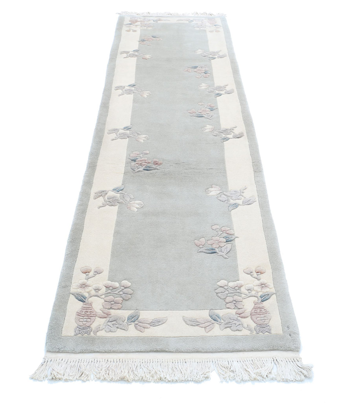 Chinese 2'6'' X 10'1'' Hand-Knotted Wool Rug 2'6'' x 10'1'' (75 X 355) / Grey / Ivory