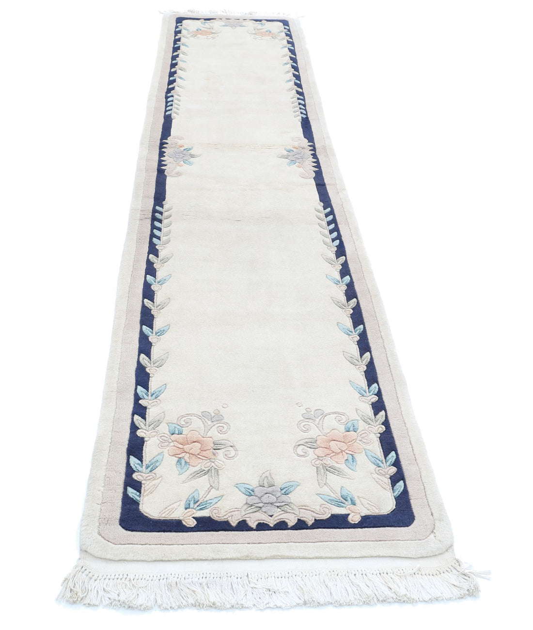 Chinese 2'6'' X 11'10'' Hand-Knotted Wool Rug 2'6'' x 11'10'' (265 X 363) / Ivory / Blue