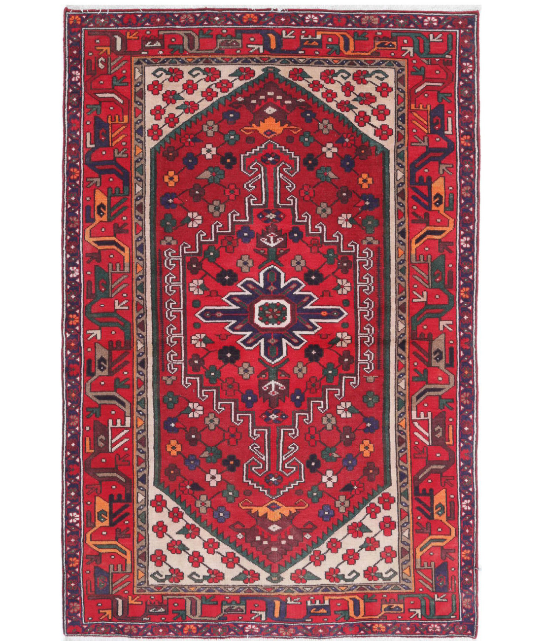 Hamadan 4'0'' X 6'0'' Hand-Knotted Wool Rug 4'0'' x 6'0'' (120 X 180) / Red / Ivory