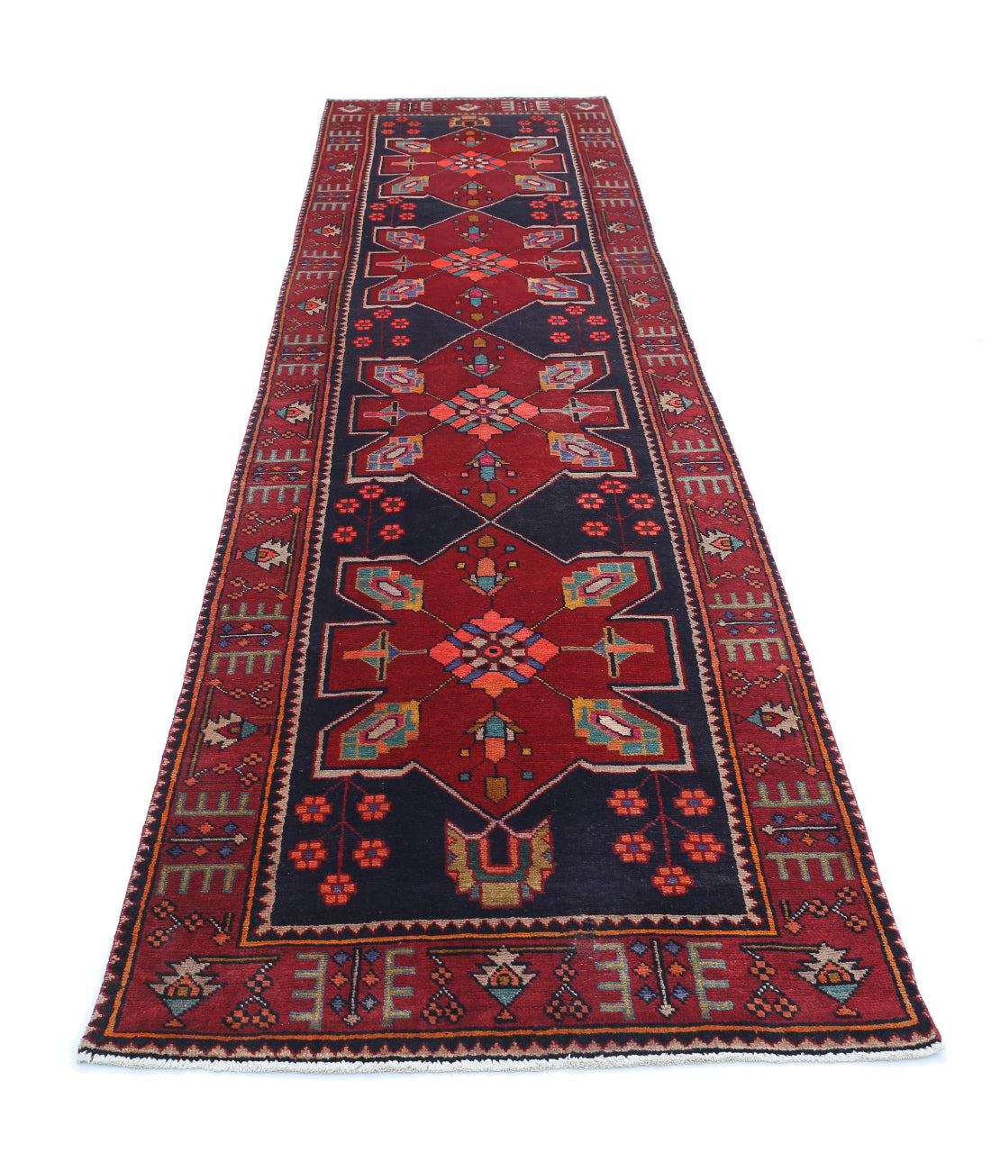 Hamadan 3'3'' X 13'1'' Hand-Knotted Wool Rug 3'3'' x 13'1'' (98 X 393) / Black / Red