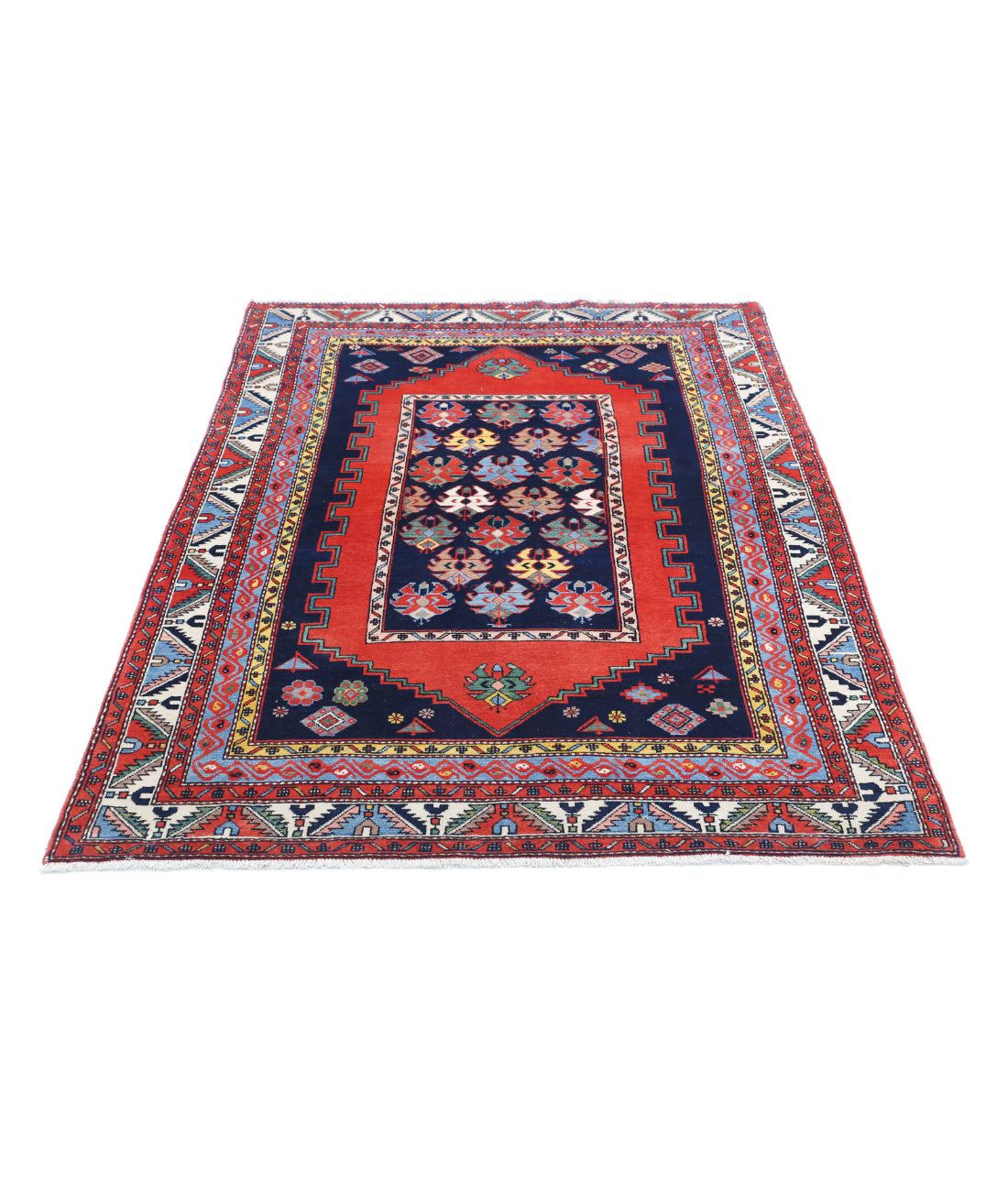 Hamadan 4'4'' X 6'3'' Hand-Knotted Wool Rug 4'4'' x 6'3'' (130 X 188) / Blue / Ivory