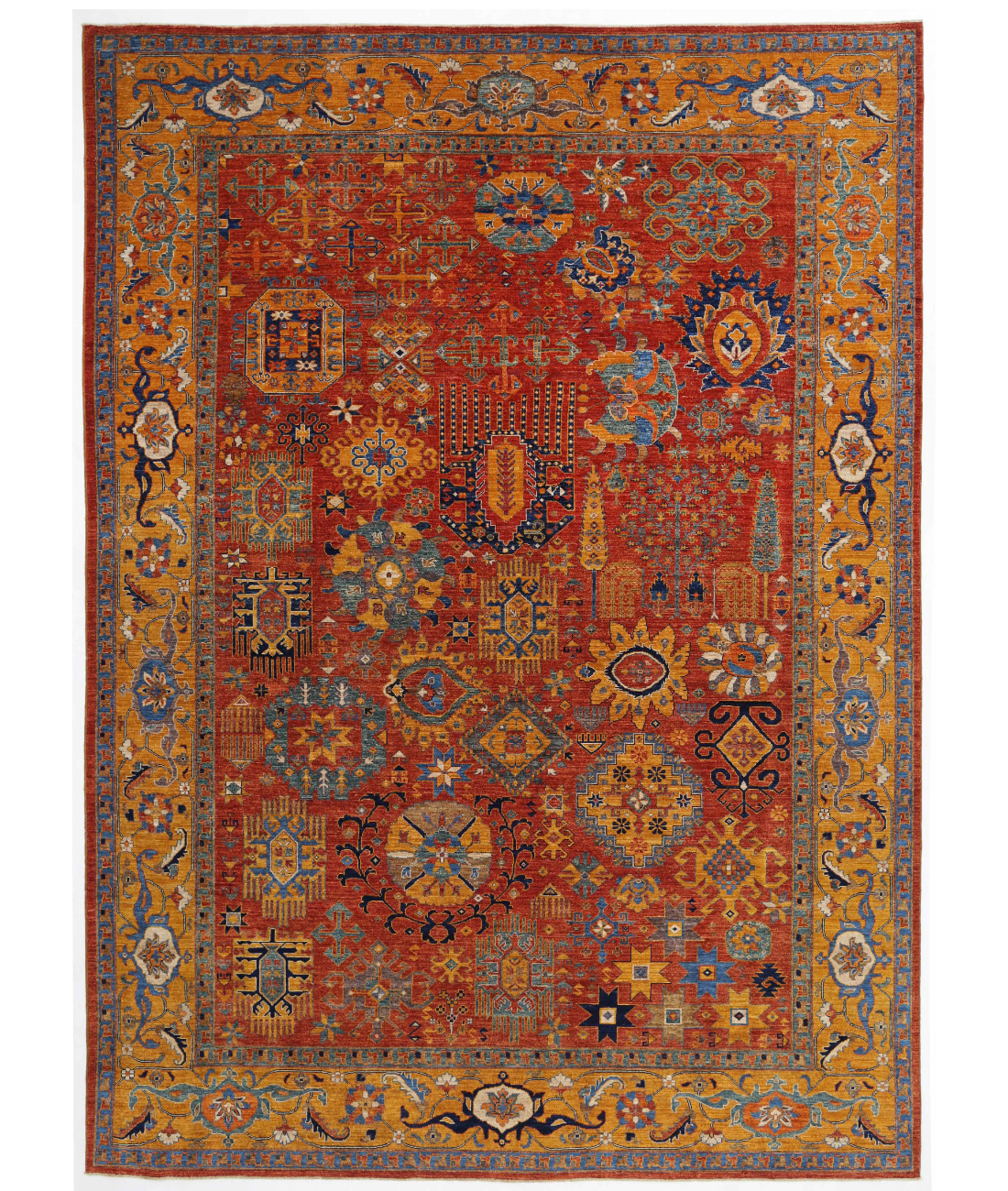 Hand Knotted Nomadic Caucasian Humna Wool Rug - 9'11'' x 13'7'' 9' 11" X 13' 7" ( 302 X 414 ) / Red / Gold