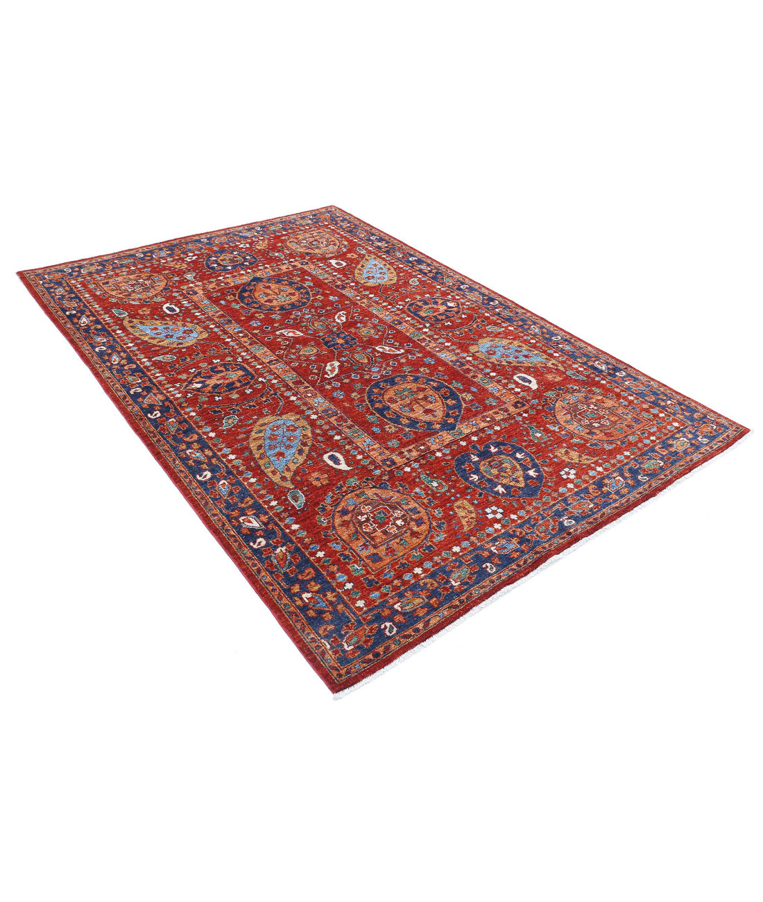 Humna 5'6'' X 7'11'' Hand-Knotted Wool Rug 5'6'' x 7'11'' (165 X 238) / Red / Blue