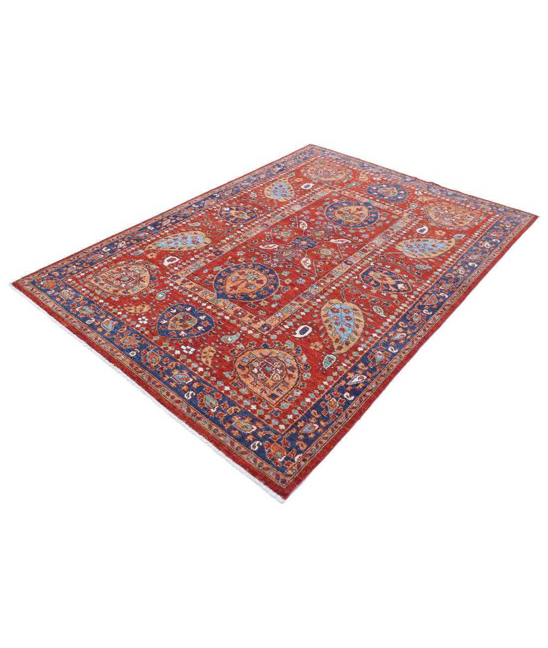Humna 5'6'' X 7'11'' Hand-Knotted Wool Rug 5'6'' x 7'11'' (165 X 238) / Red / Blue
