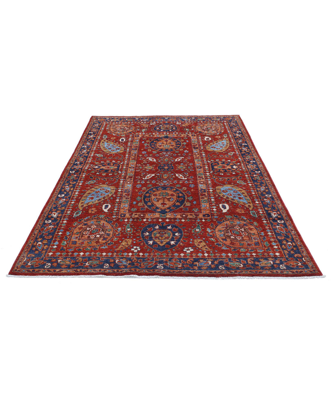 Humna 5'6'' X 7'11'' Hand-Knotted Wool Rug 5'6'' x 7'11'' (165 X 238) / Red / Blue