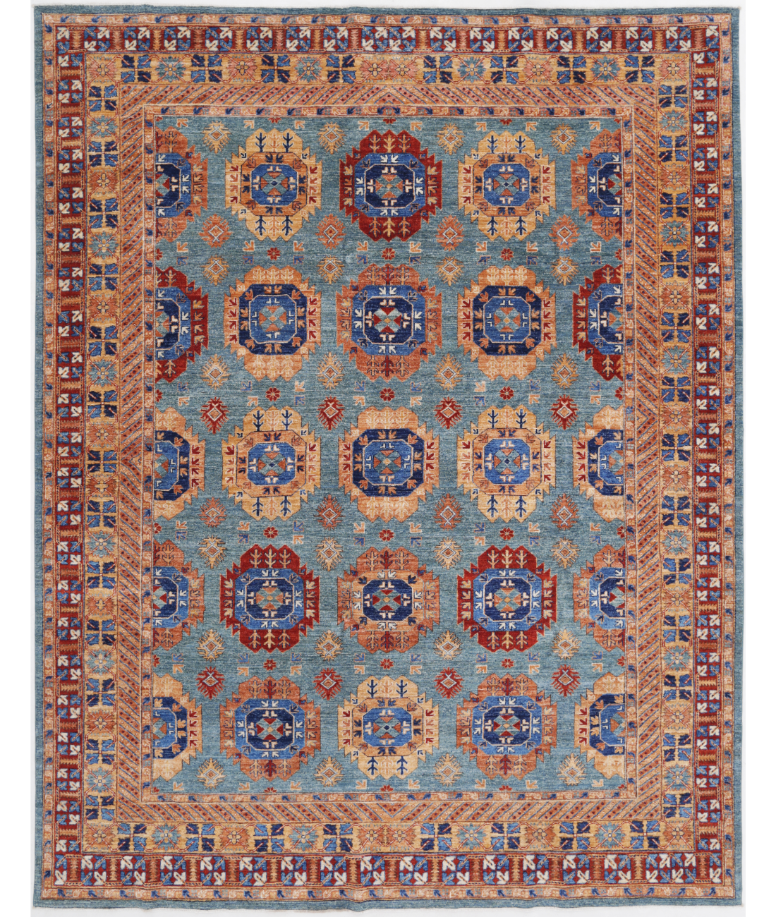 Hand Knotted Nomadic Caucasian Humna Wool Rug - 9'1'' x 11'10'' 9' 1" X 11' 10" ( 277 X 361 ) / Teal / Gold