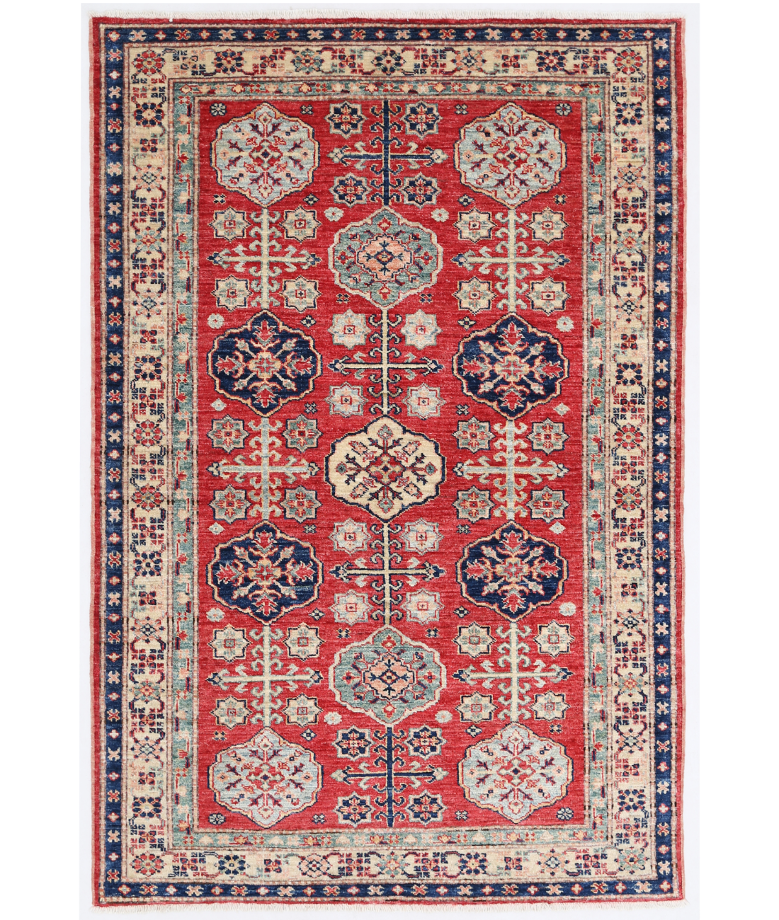 Hand Knotted Kazak Wool Rug 4' 0" X 5' 8" 4' 0" X 5' 8" (122 X 173) / Red / Ivory