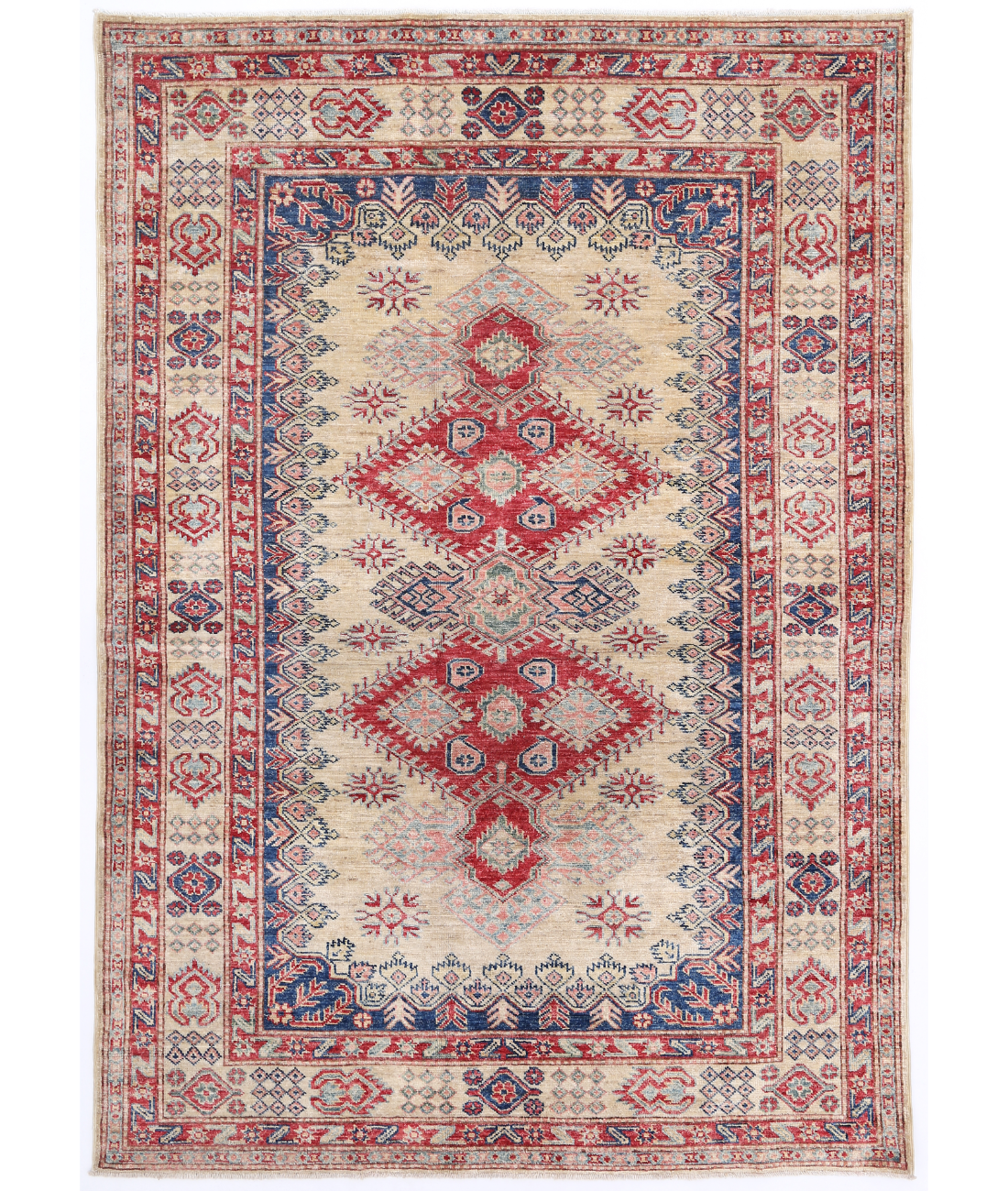 Hand Knotted Kazak Wool Rug 4' 9" X 6' 7" 4' 9" X 6' 7" (145 X 201) / Ivory / Red