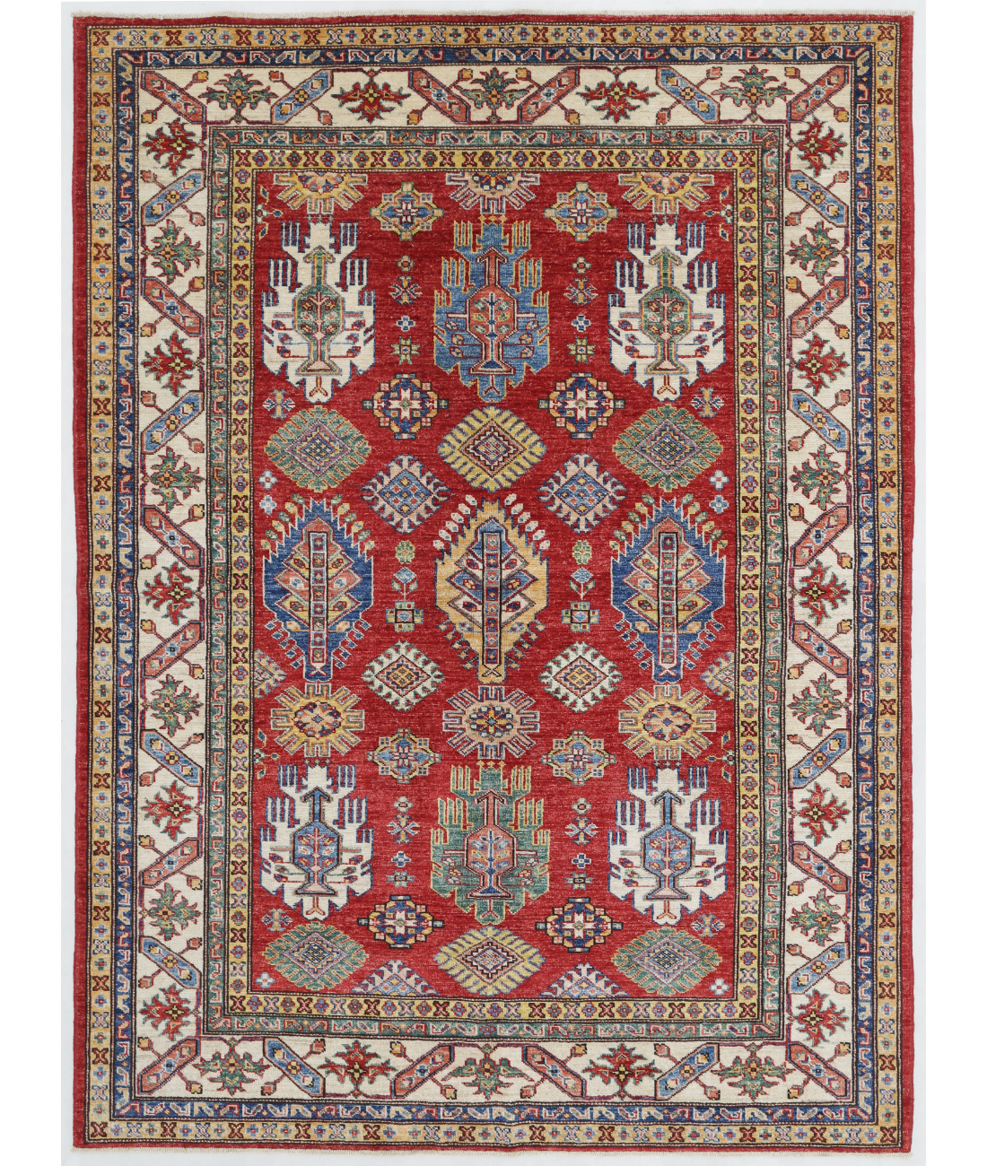 Hand Knotted Kazak Wool Rug 5' 1" X 6' 11" 5' 1" X 6' 11" (155 X 211) / Red / Ivory