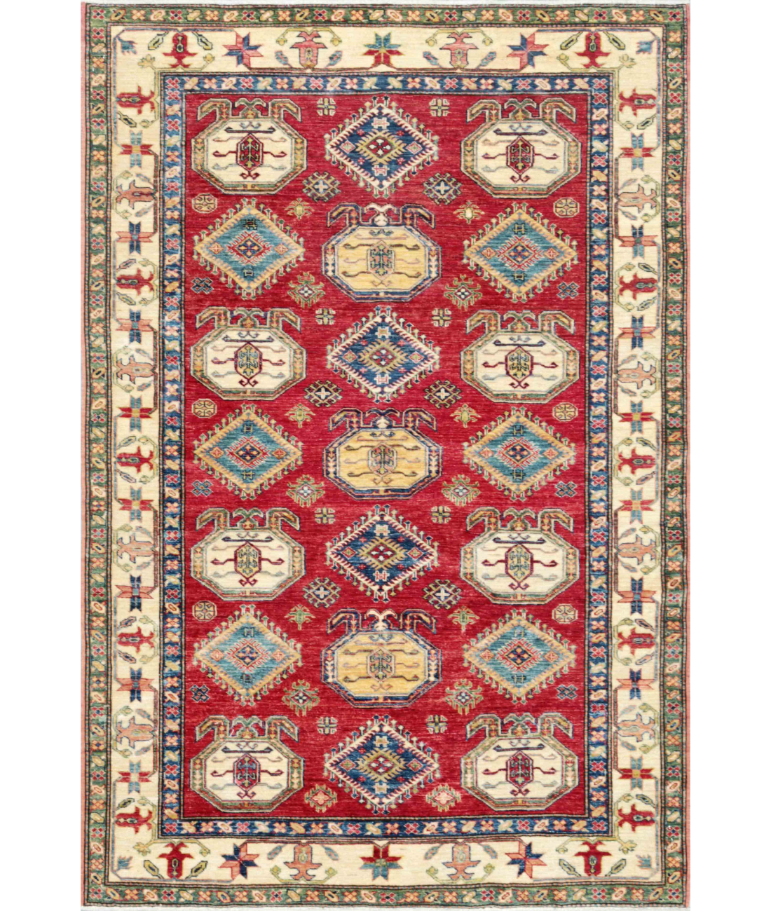 Hand Knotted Kazak Wool Rug 5' 5" X 7' 11" 5' 5" X 7' 11" (165 X 241) / Red / Ivory