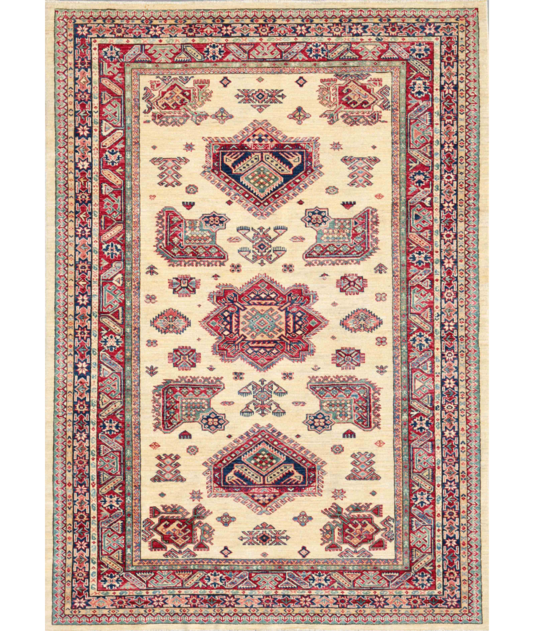 Hand Knotted Kazak Wool Rug 5' 7" X 7' 9" 5' 7" X 7' 9" (170 X 236) / Ivory / Red