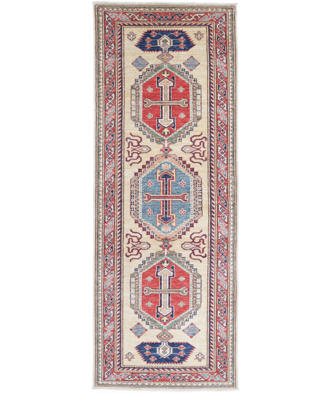 Kazak 2'5'' X 6'7'' Hand-Knotted Wool Rug 2'5'' x 6'7'' (73 X 198) / Ivory / Red