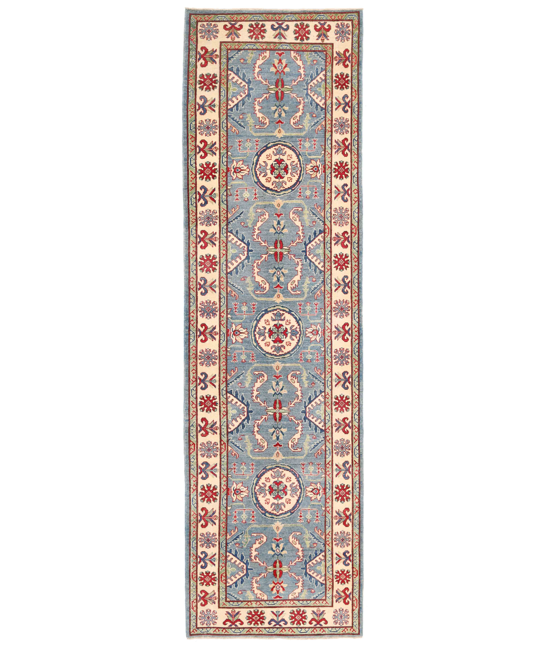 Hand Knotted Kazak Wool Rug 4' 0" X 14' 3" 4' 0" X 14' 3" (122 X 434) / Blue / Ivory