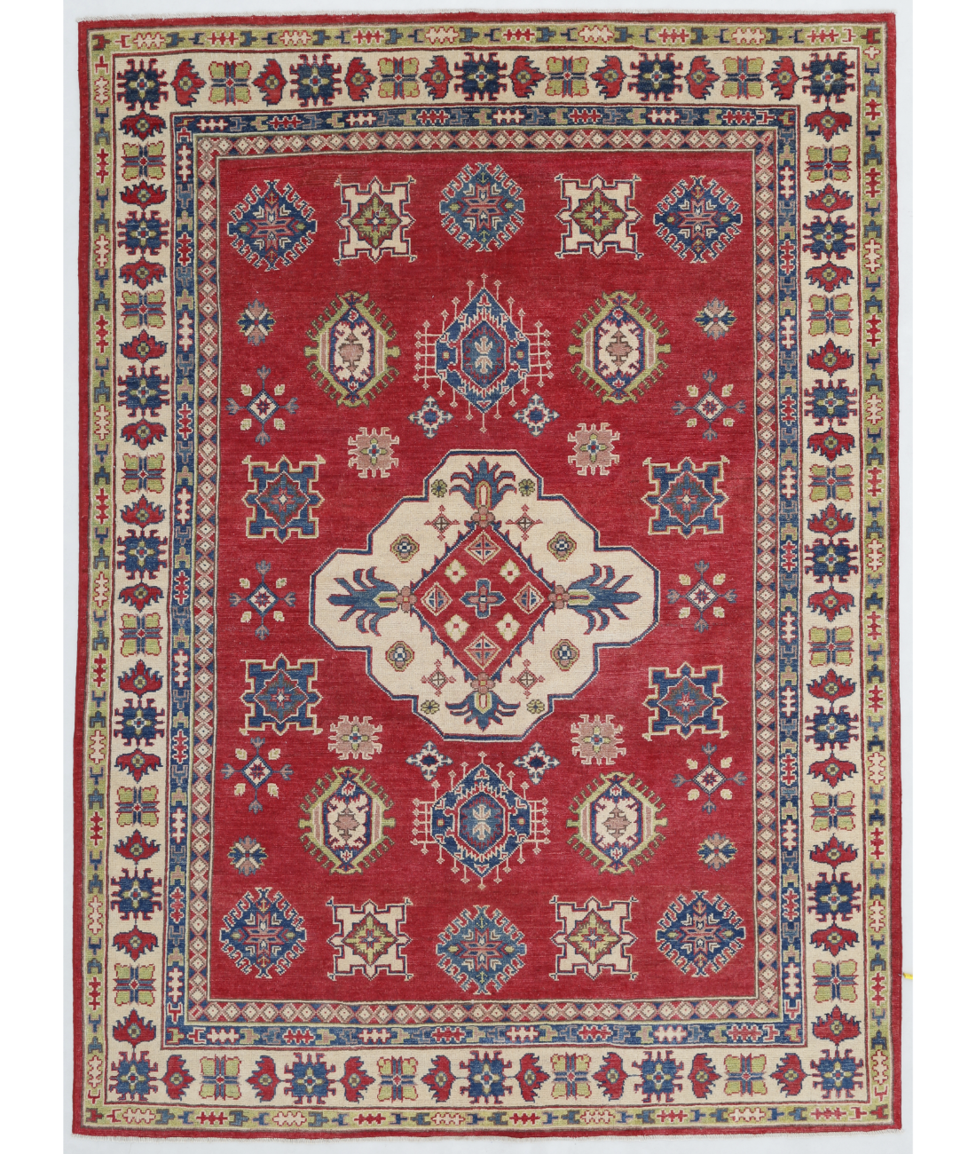 Hand Knotted Tribal Kazak Wool Rug - 6'2'' x 8'4'' 6' 2" X 8' 4" ( 188 X 254 ) / Red / Ivory
