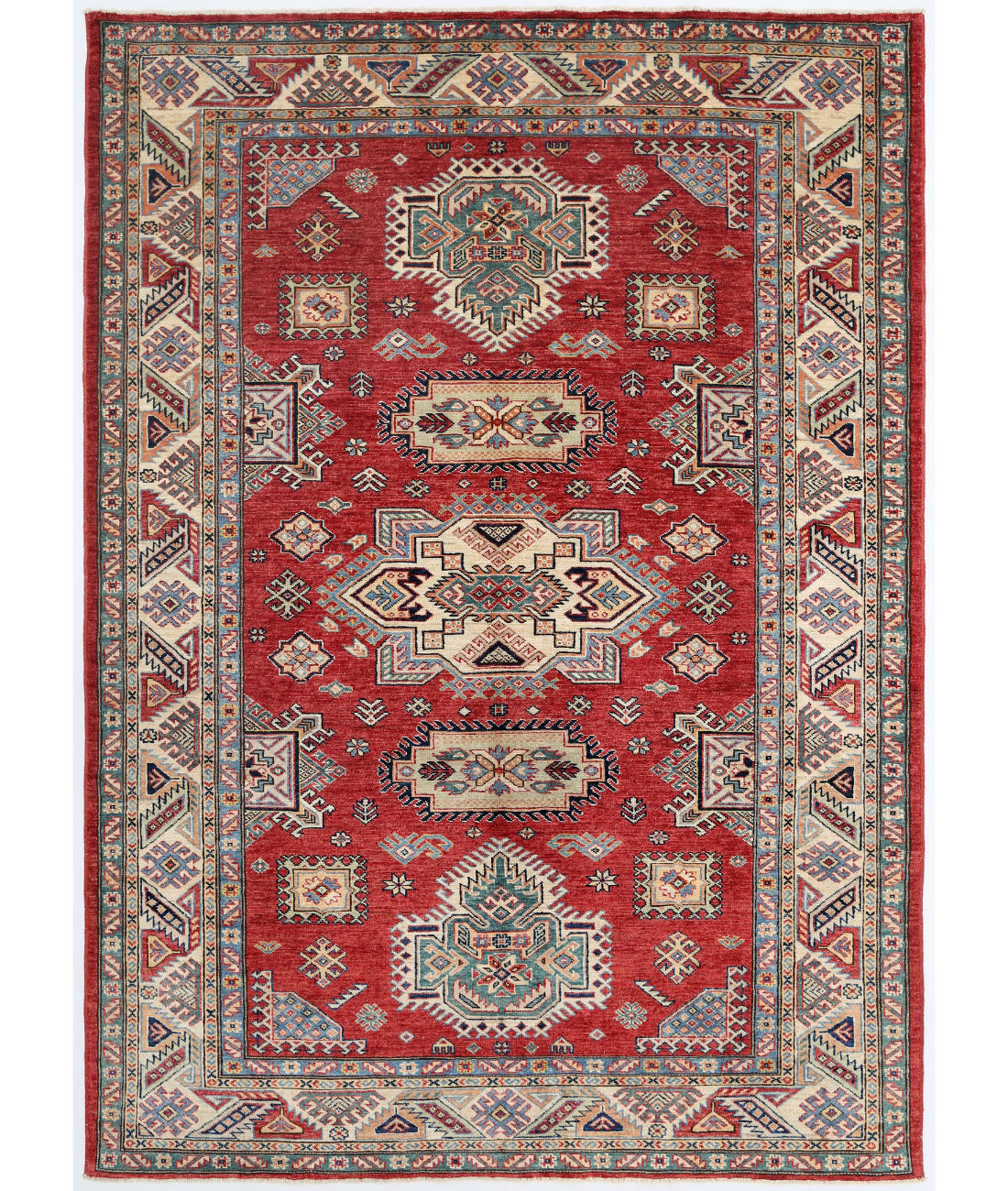 Hand Knotted Kazak Wool Rug 5' 7" X 7' 9" 5' 7" X 7' 9" (170 X 236) / Red / Ivory
