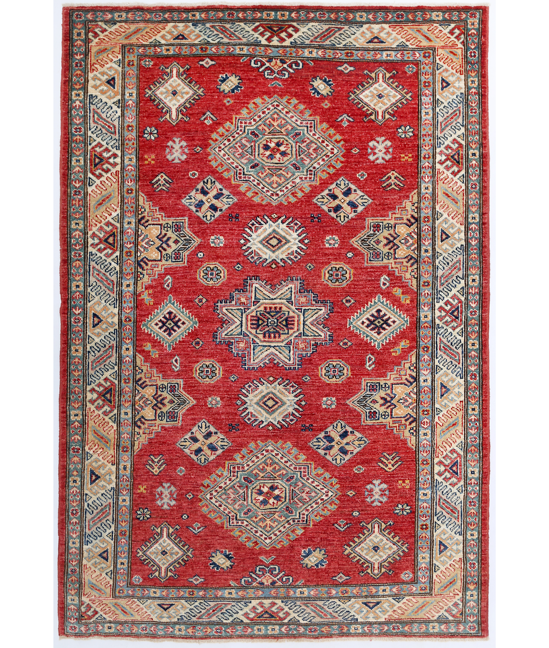Hand Knotted Kazak Wool Rug 4' 2" X 6' 2" 4' 2" X 6' 2" (127 X 188) / Red / Ivory