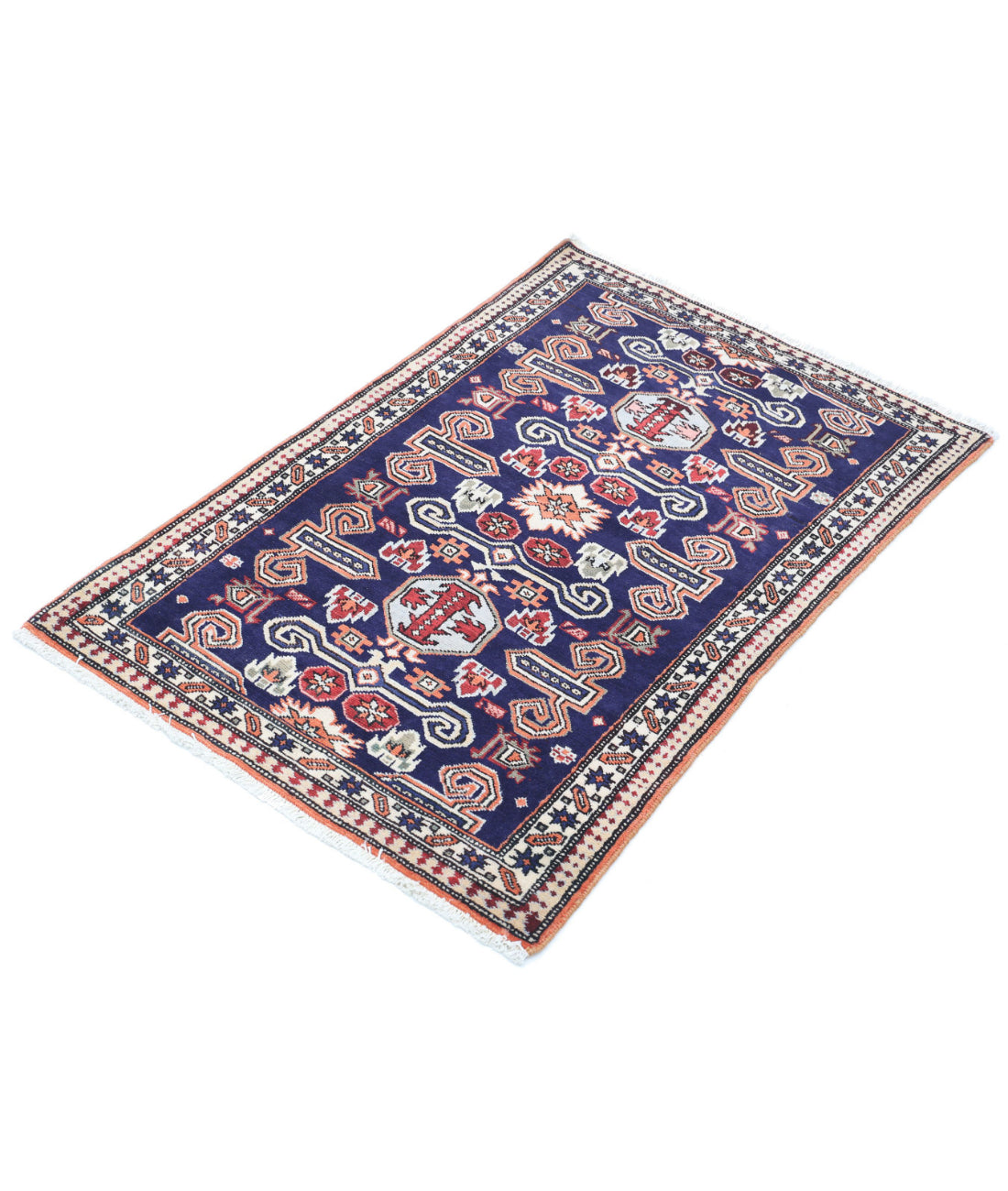 Kazak 2'5'' X 3'7'' Hand-Knotted Wool Rug 2'5'' x 3'7'' (73 X 108) / Blue / Ivory