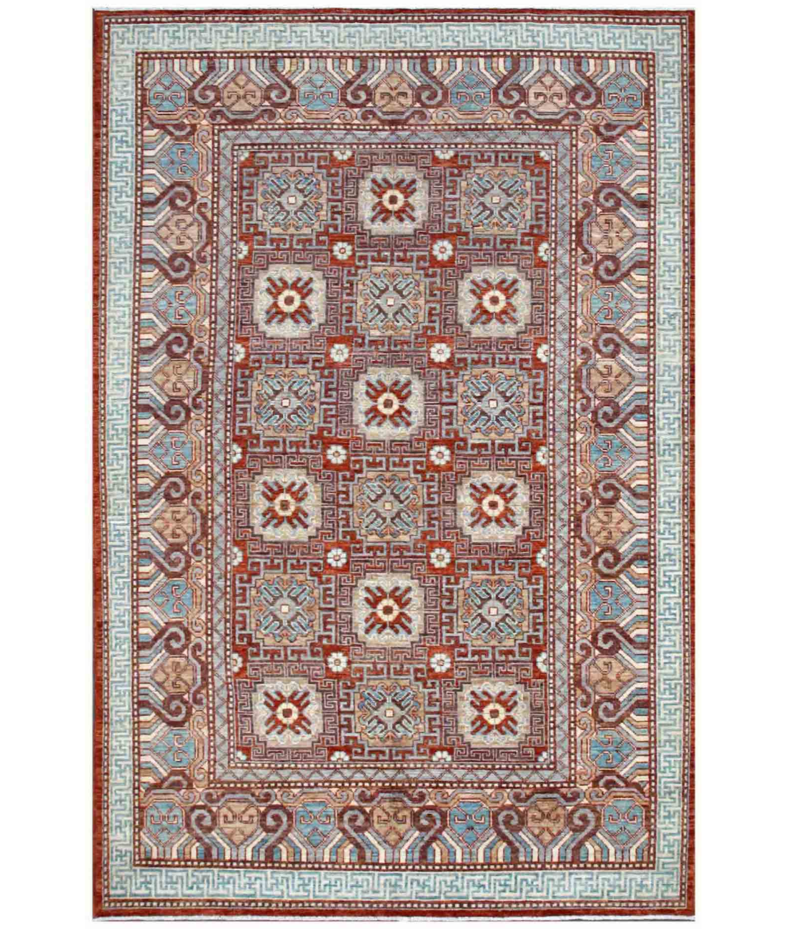 Hand Knotted Khotan Wool Rug 6' 0" X 9' 0" 6' 0" X 9' 0" (183 X 274) / Rust / Blue