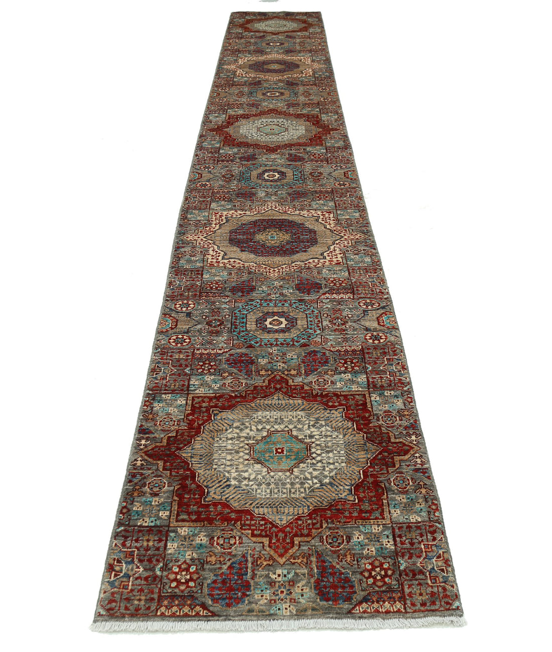 Mamluk 2'6'' X 19'6'' Hand-Knotted Wool Rug 2'6'' x 19'6'' (75 X 585) / Grey / Red