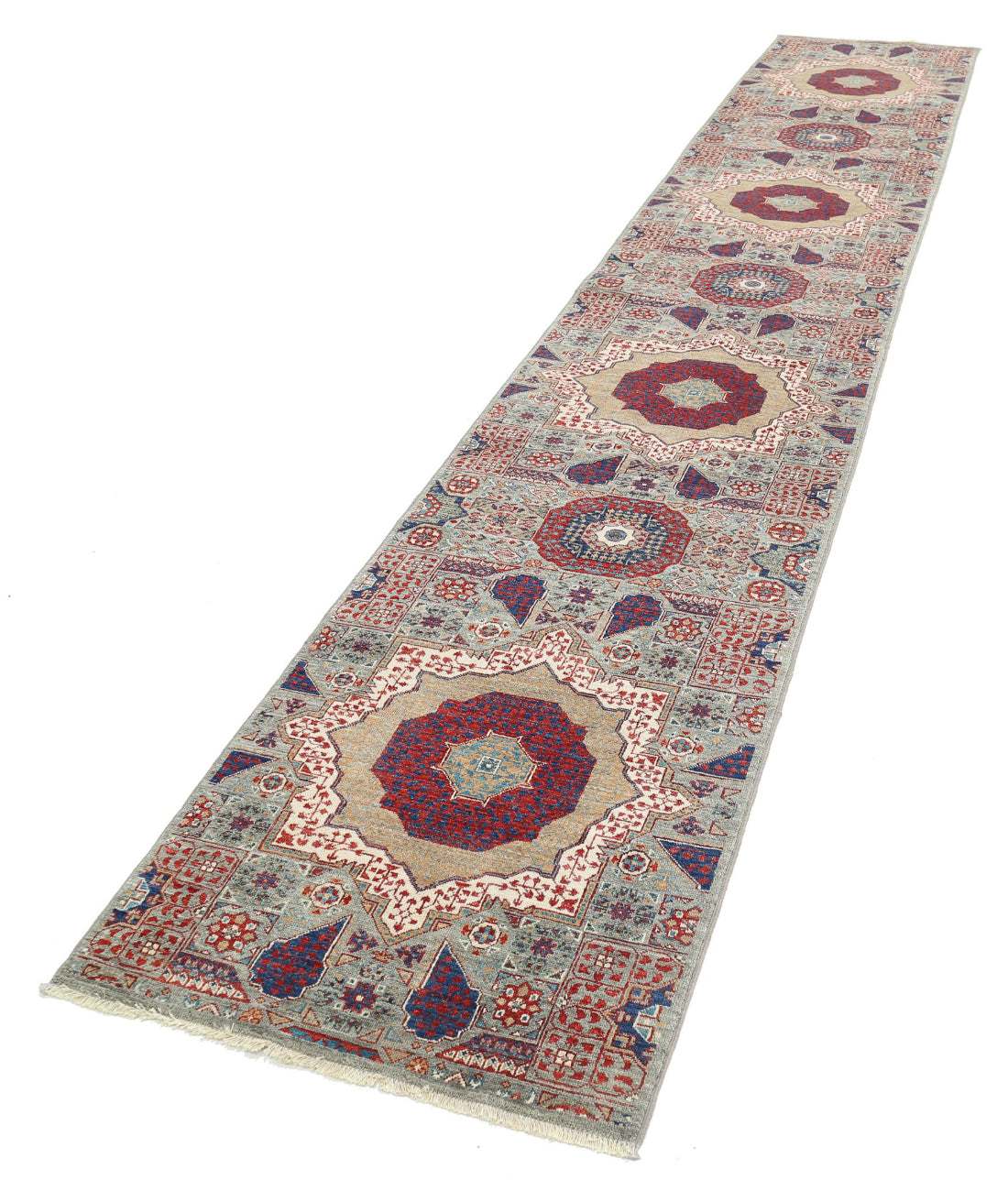 Mamluk 2'7'' X 14'7'' Hand-Knotted Wool Rug 2'7'' x 14'7'' (78 X 438) / Green / Red