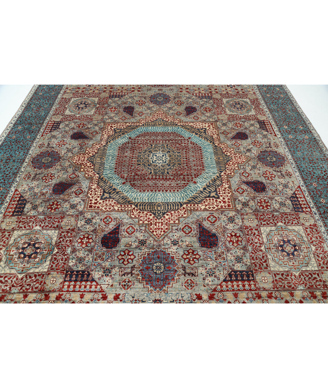Mamluk 9'0'' X 11'11'' Hand-Knotted Wool Rug 9'0'' x 11'11'' (270 X 358) / Grey / Teal