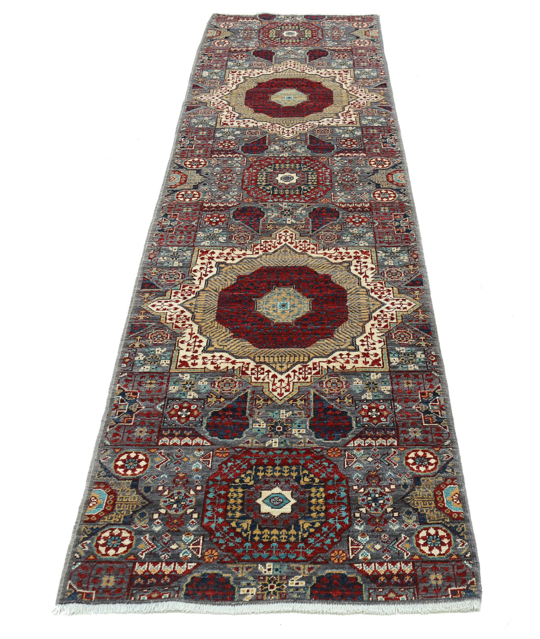 Mamluk 2'7'' X 9'9'' Hand-Knotted Wool Rug 2'7'' x 9'9'' (78 X 293) / Grey / Red