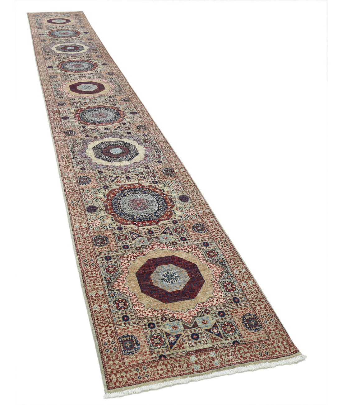 Mamluk 2'5'' X 17'3'' Hand-Knotted Wool Rug 2'5'' x 17'3'' (73 X 518) / Green / Rust