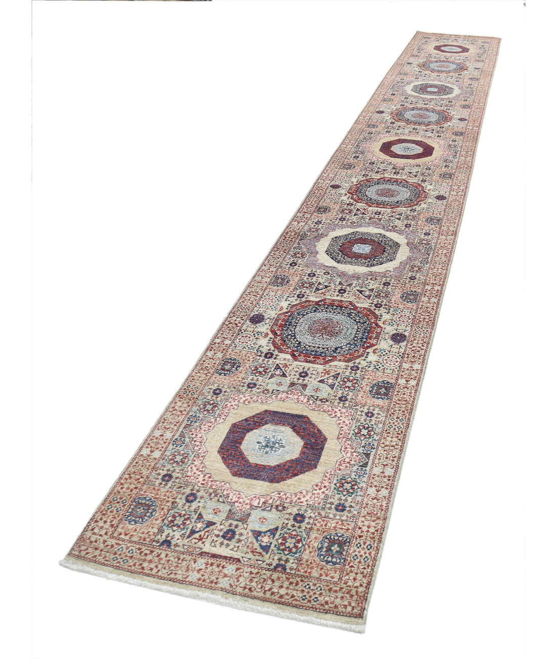 Mamluk 2'5'' X 17'3'' Hand-Knotted Wool Rug 2'5'' x 17'3'' (73 X 518) / Green / Rust