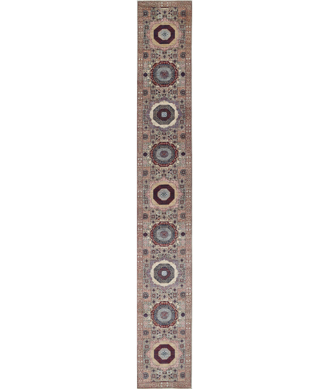 Mamluk 2'5'' X 17'3'' Hand-Knotted Wool Rug 2'5'' x 17'3'' (73 X 518) / Green / Rust