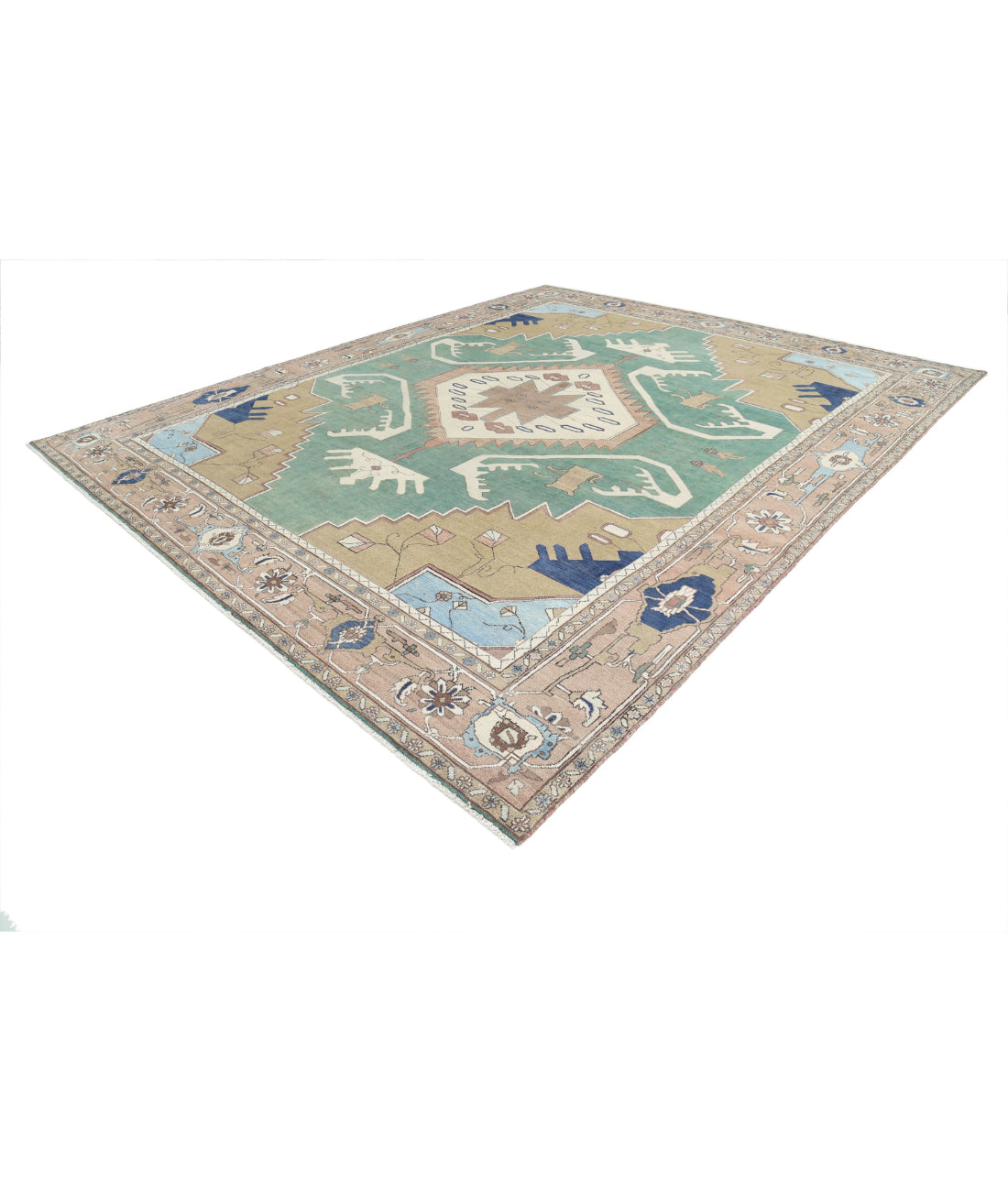 Heriz 11'10'' X 14'6'' Hand-Knotted Wool Rug 11'10'' x 14'6'' (355 X 435) / Green / Tan