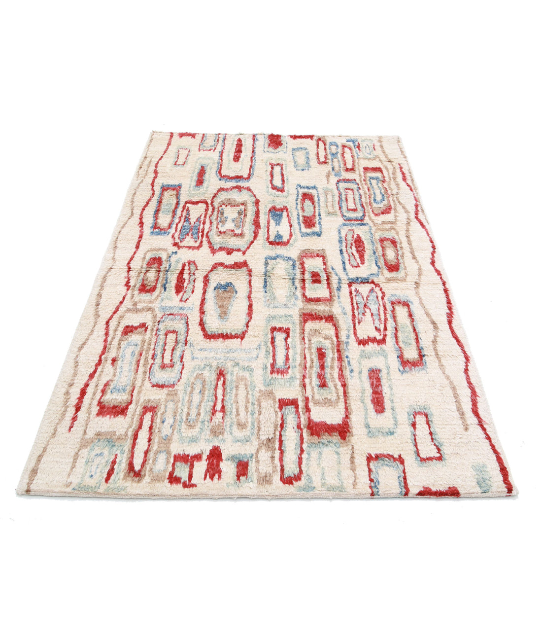 Moroccan 3'9'' X 5'10'' Hand-Knotted Wool Rug 3'9'' x 5'10'' (113 X 175) / Ivory / Red