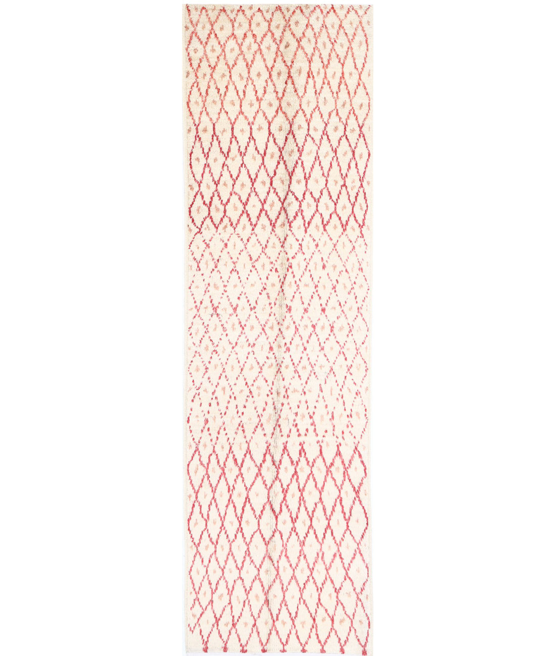 Moroccan 2'11'' X 11'3'' Hand-Knotted Wool Rug 2'11'' x 11'3'' (88 X 338) / Ivory / Red