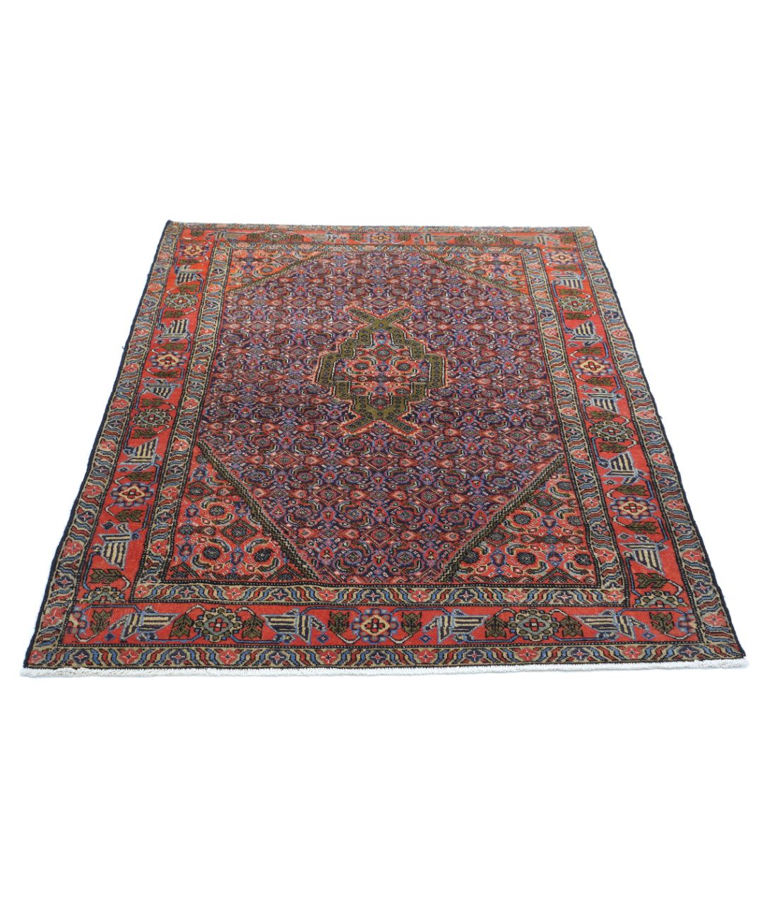 Moud 3'9'' X 5'1'' Hand-Knotted Wool Rug 3'9'' x 5'1'' (113 X 153) / Blue / Rust