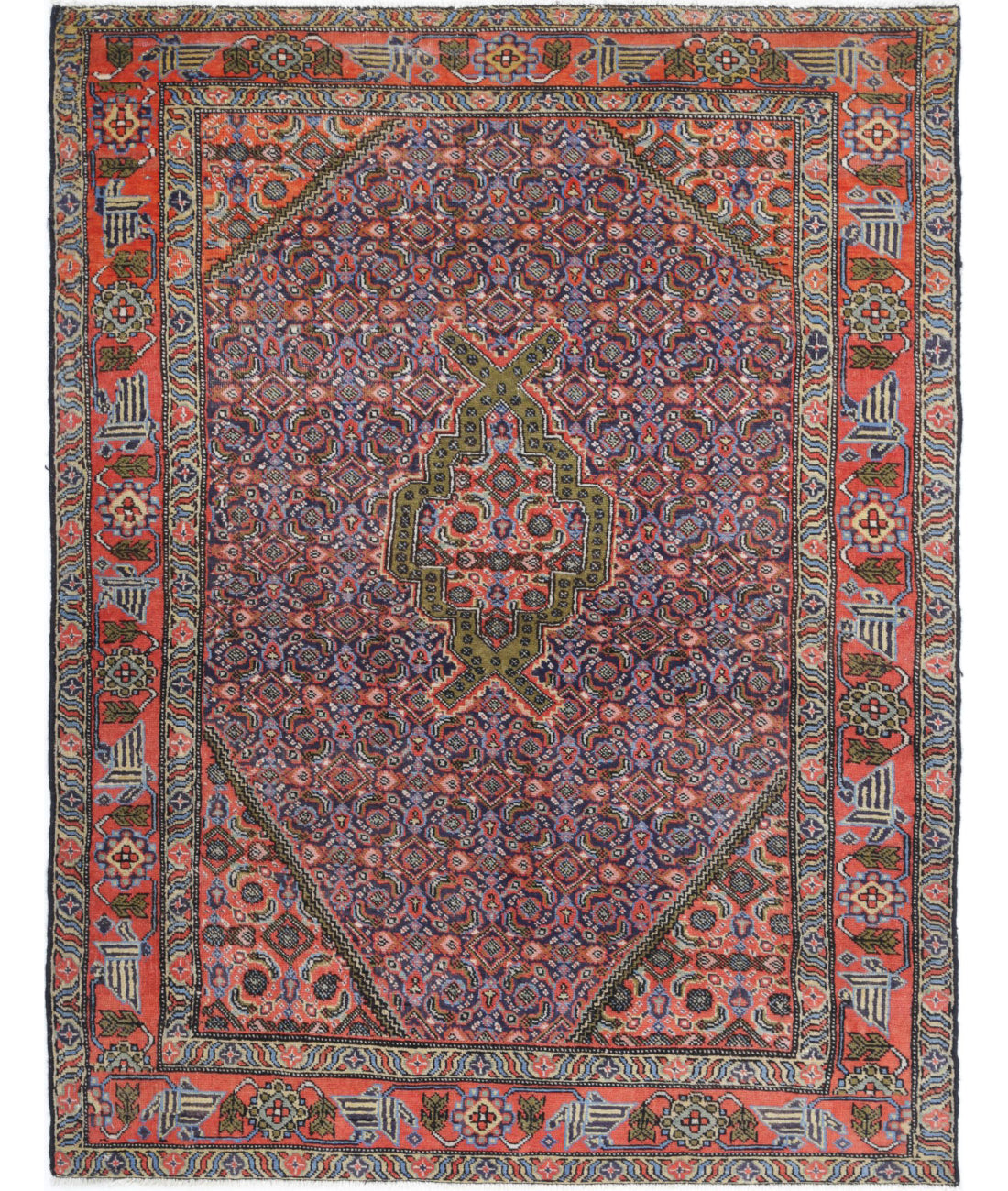 Moud 3'9'' X 5'1'' Hand-Knotted Wool Rug 3'9'' x 5'1'' (113 X 153) / Blue / Rust