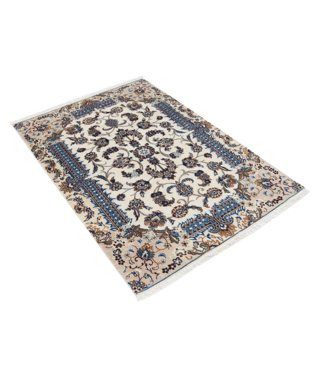 Hand Knotted Nain Wool & Silk Rug 3' 5" X 4' 10" 3' 5" X 4' 10" (104 X 147) / Ivory / Blue