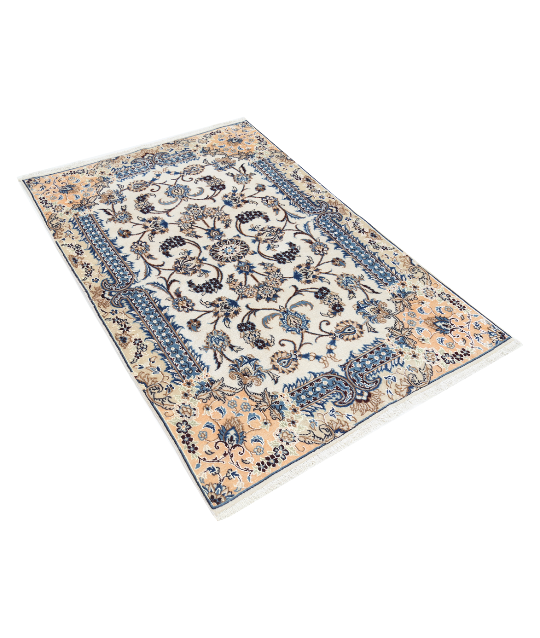 Hand Knotted Nain Wool & Silk Rug 3' 6" X 5' 1" 3' 6" X 5' 1" (107 X 155) / Ivory / Blue