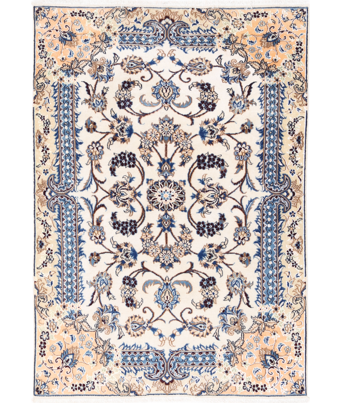 Hand Knotted Nain Wool & Silk Rug 3' 6" X 5' 1" 3' 6" X 5' 1" (107 X 155) / Ivory / Blue
