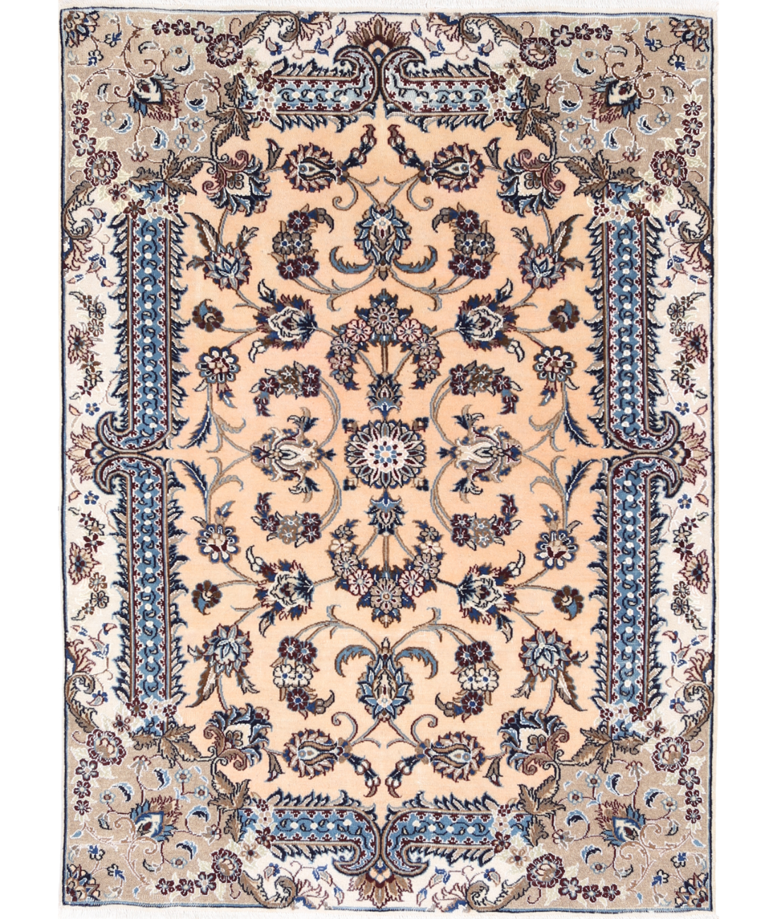 Hand Knotted Nain Wool & Silk Rug 3' 7" X 5' 2" 3' 7" X 5' 2" (109 X 158) / Peach / Ivory