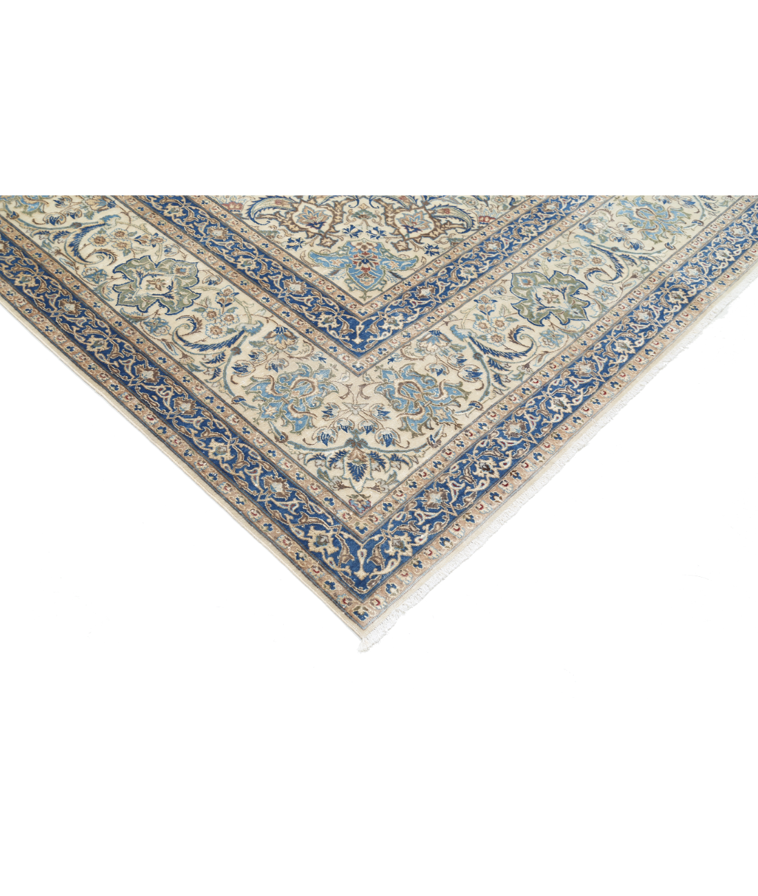 Hand Knotted Nain Wool & Silk Rug 9' 11" X 14' 10" 9' 11" X 14' 10" (302 X 452) / Ivory / Blue